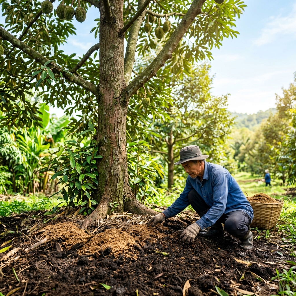Nông dân bón phân phục hồi rễ sầu riêng
